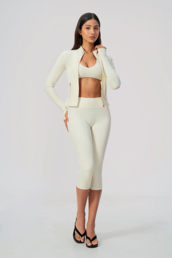 V Neck Bra & Cropped Leggings with Jacket Set