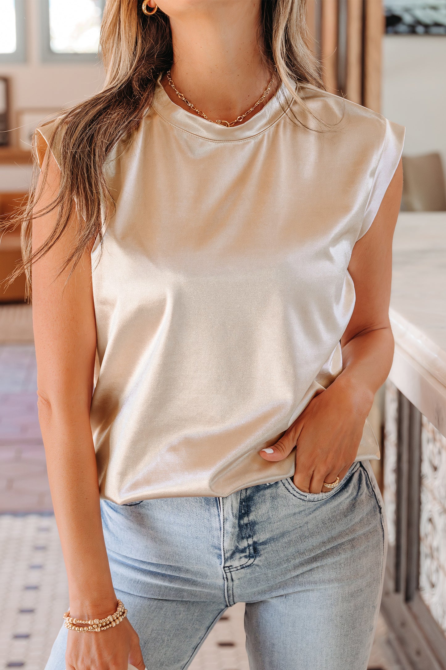 Gold Round Neck Metallic Tank Top