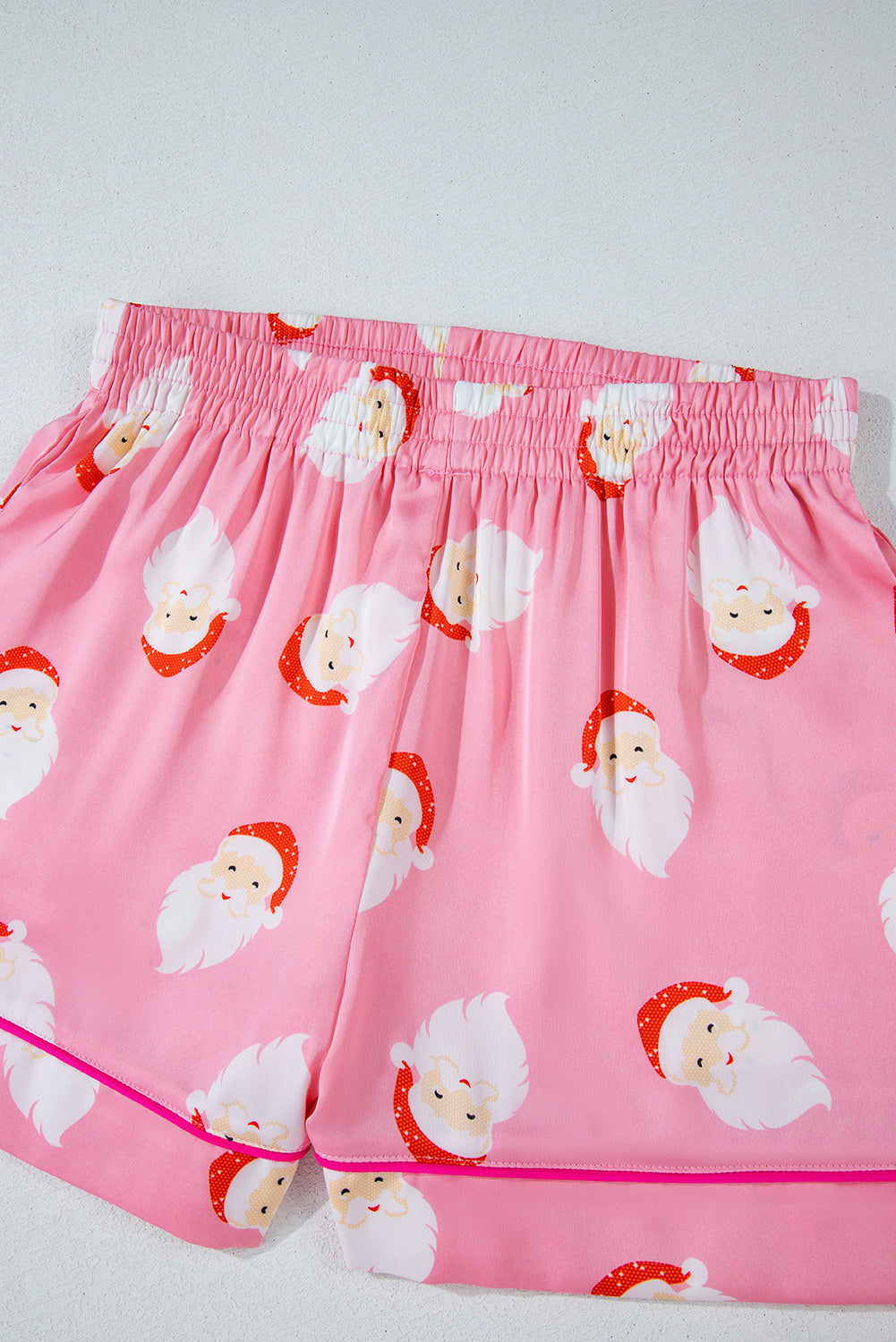 Pink Christmas Santa Claus Print Satin Shirt and Shorts Set