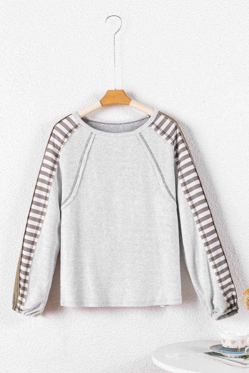 Multicolor Stripe Patched Exposed Stitching Long Sleeve Top