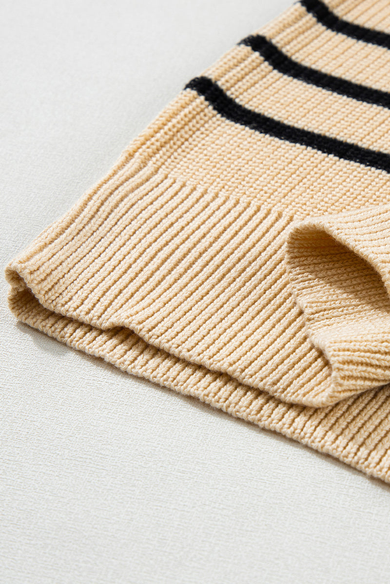 Parchment Striped Ribbed Knit High Neck Sweater