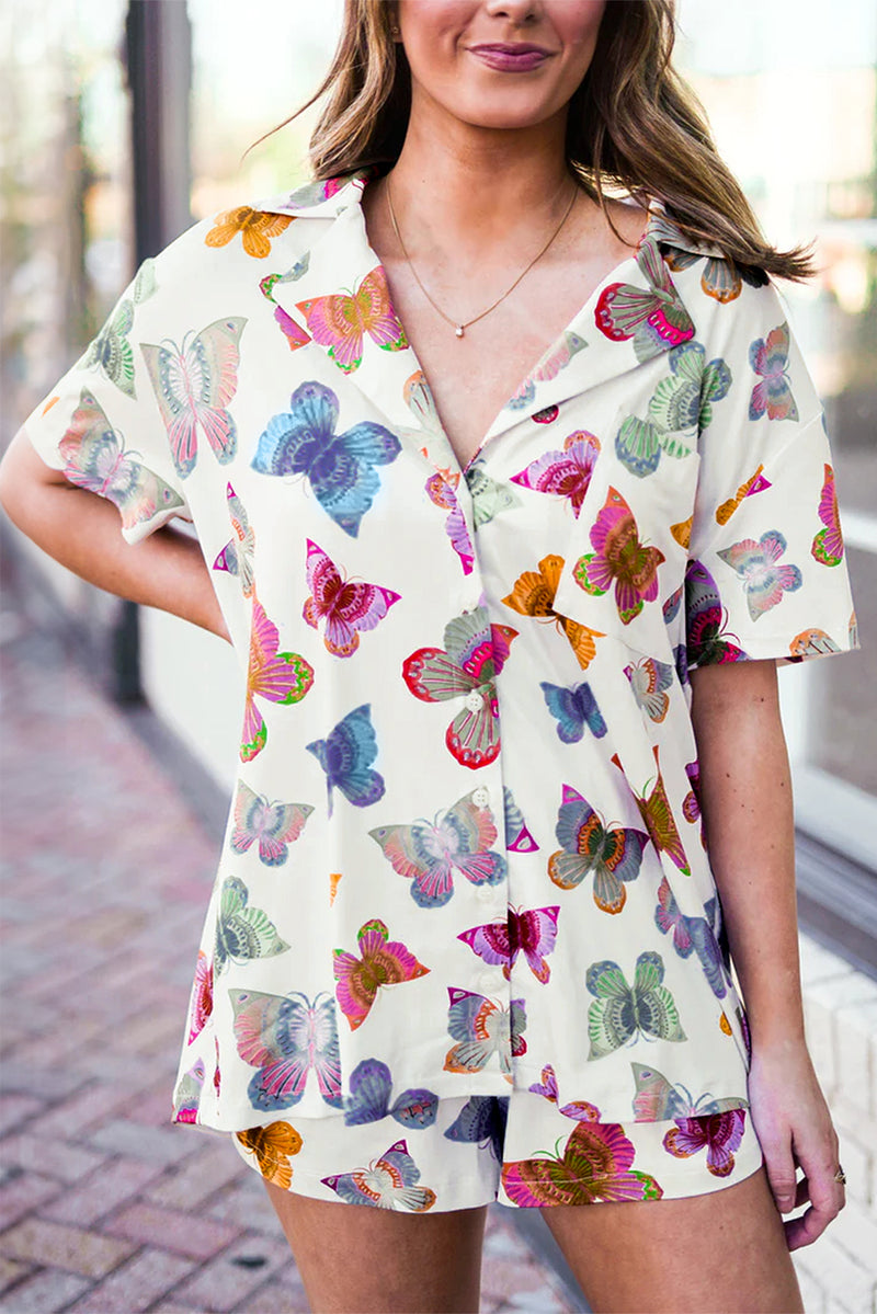 Multicolour Butterfly Pattern Short Sleeve Shirt Pajamas Set