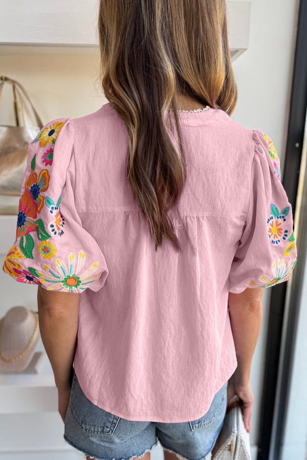 Pink Floral Embroidered Puff Sleeve Split Neck Blouse