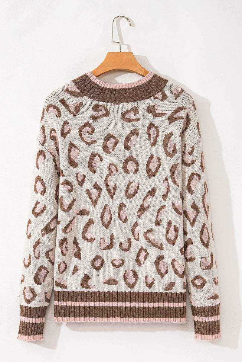 Brown Two-tone Ribbed Trim Contrast Leopard Sweater