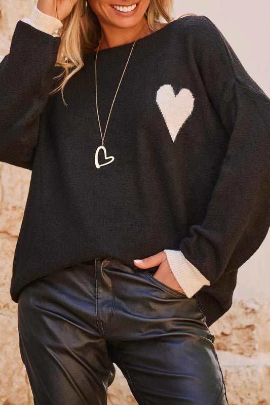 Black Heart Detail Contrast Cuffs Baggy Sweater