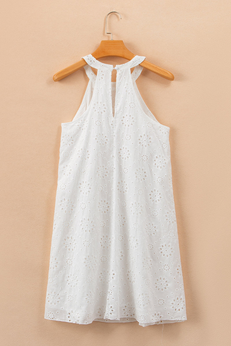 White Boho Eyelet Pattern Halter Neck Sleeveless Dress