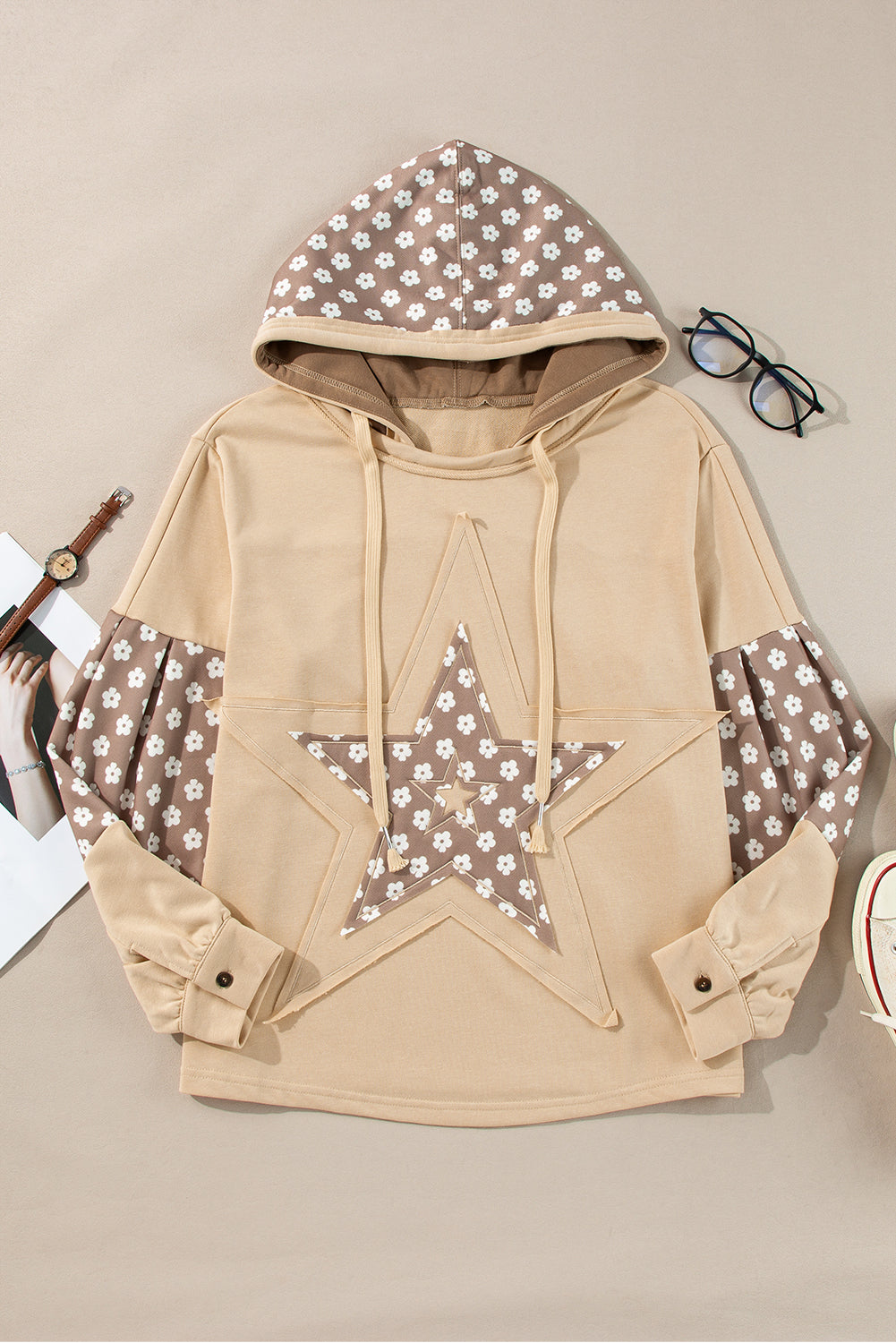 Apricot Floral Patchwork Star Pattern Drawstring Hoodie