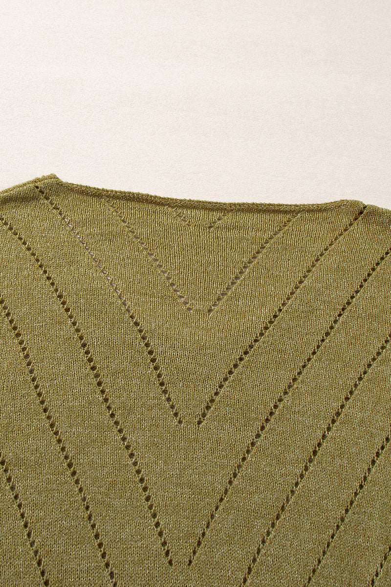 Sage Green Solid Eyelet Drop Shoulder V Neck Sweater