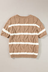 Dark Khaki Striped Cable Short Sleeve Sweater