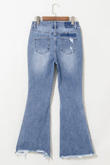 Dusk Blue High Rise Ripped Distressed Hem Flared Jeans