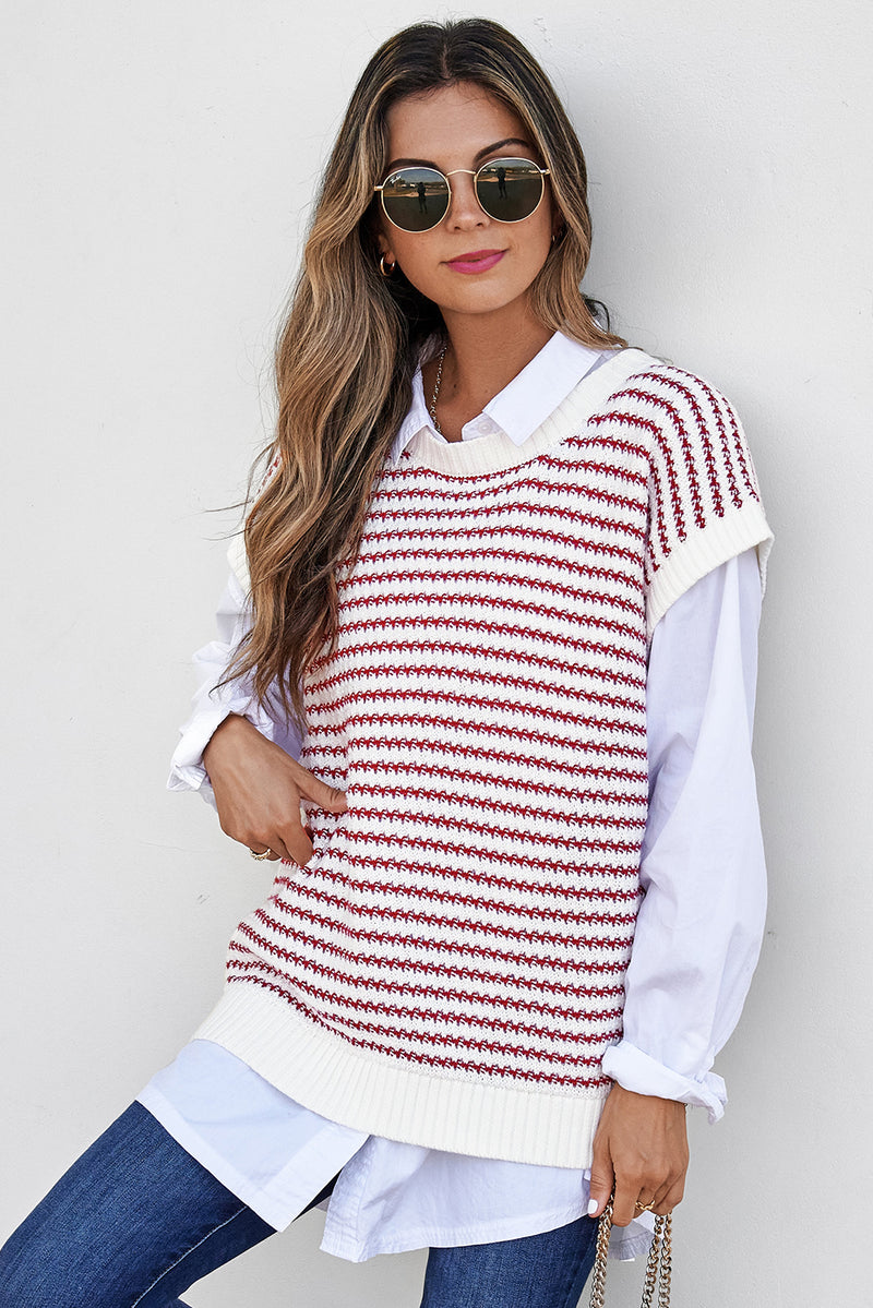 Red Stripe Ribbed Trim Loose Fit Knitted Sweater Vest