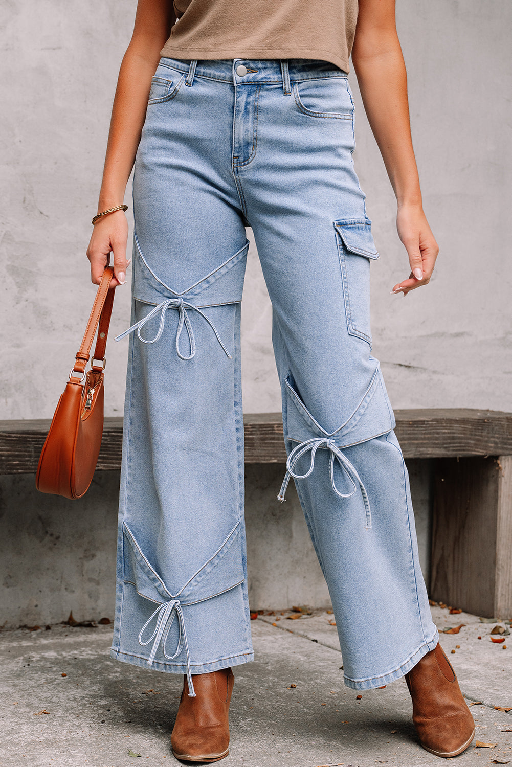Beau Blue Bowknot Decor Boyfriend Cargo Jeans
