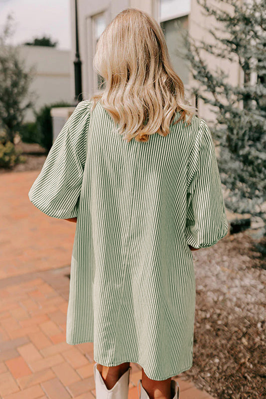Green Stripe Color Block Patchwork Shirt Collar Button Down Puff Sleeve Mini Dress