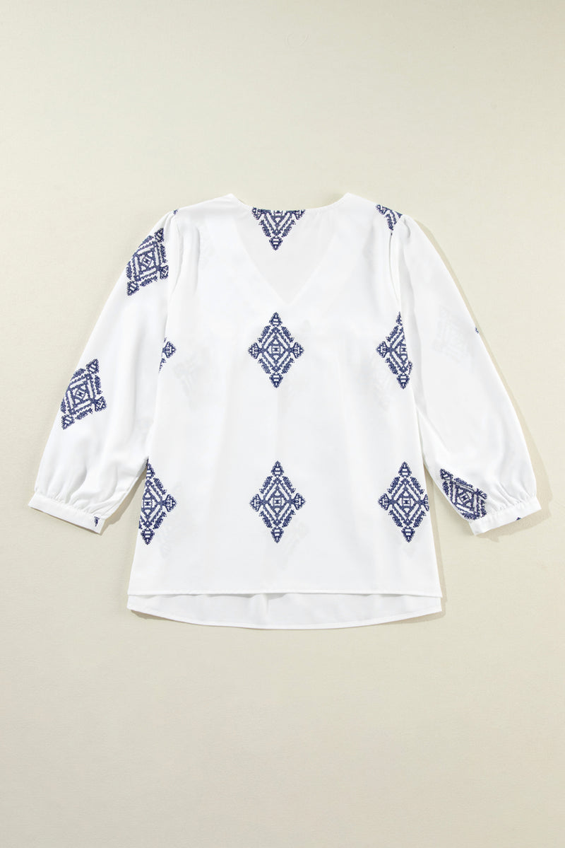 White Boho Geometric Print Bracelet Sleeve V Neck Blouse