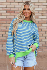 Sky Blue Stripe Contrast Trim High Low Pullover Tunic Sweatshirt