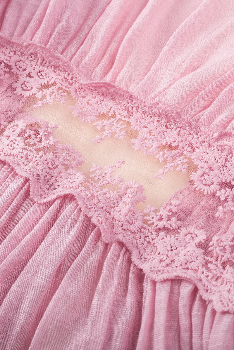 Light Pink Lace Splicing Open Front Maxi Kimono