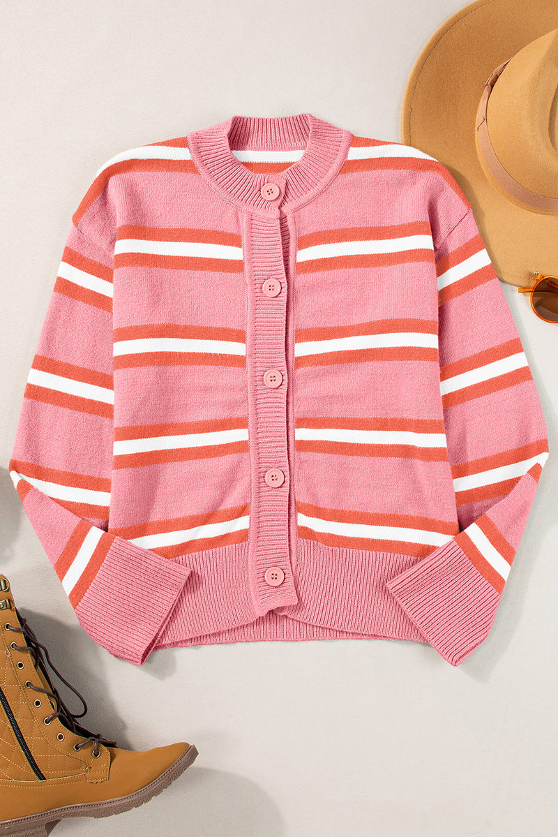 Pink Stripe Drop Shoulder Buttons Cardigan Sweater