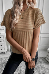 Light French Beige Rib Knitted Wide Sleeve Sweater T Shirt