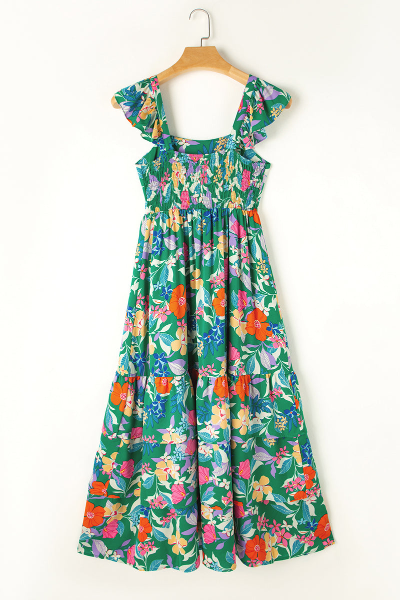 Green Floral Print Sleeveless Ruffle Tiered Maxi Dress