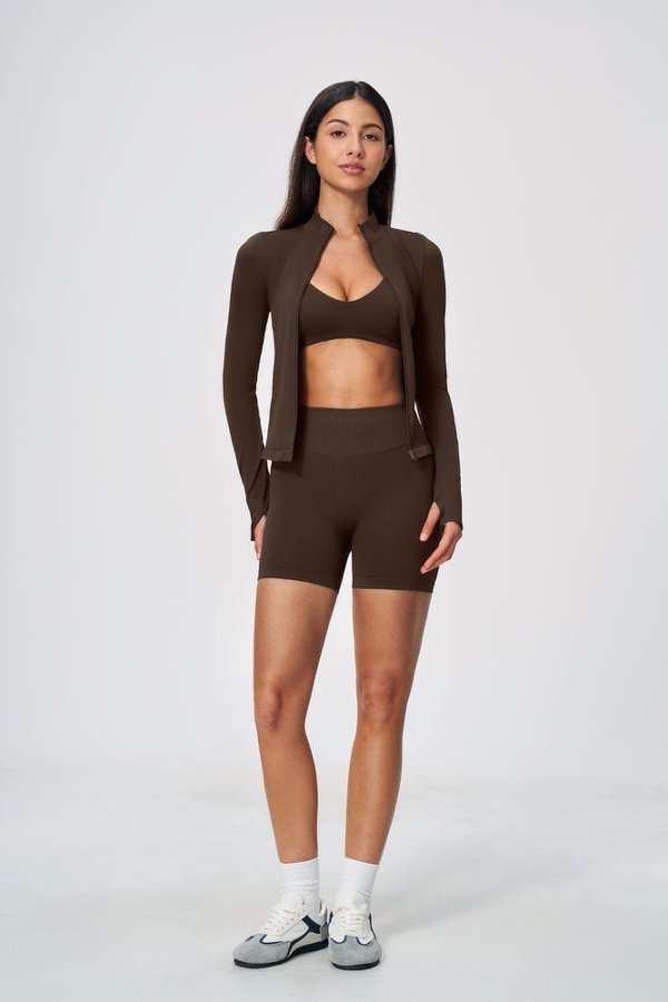 Sporty Bra &  High Waisted Shorts with Full Zip Jacket Set