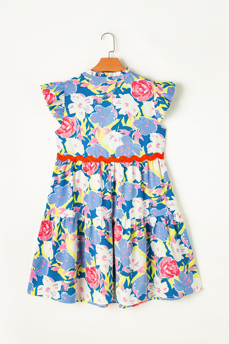 Sky Blue Floral Printed V Notched Ric Rac Flutter Sleeve Dress