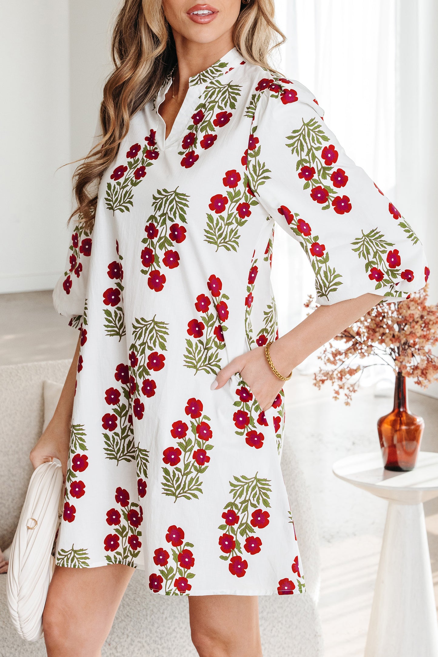 White Floral Print V Neck 3/4 Sleeve Loose Mini Dress