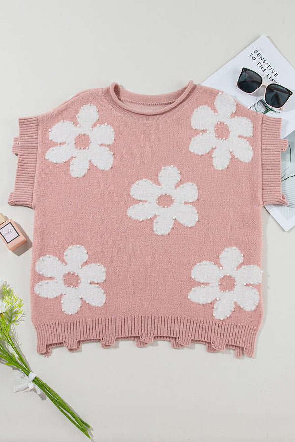 Light Pink Pearled Flower Distressed Edge Sweater T Shirt