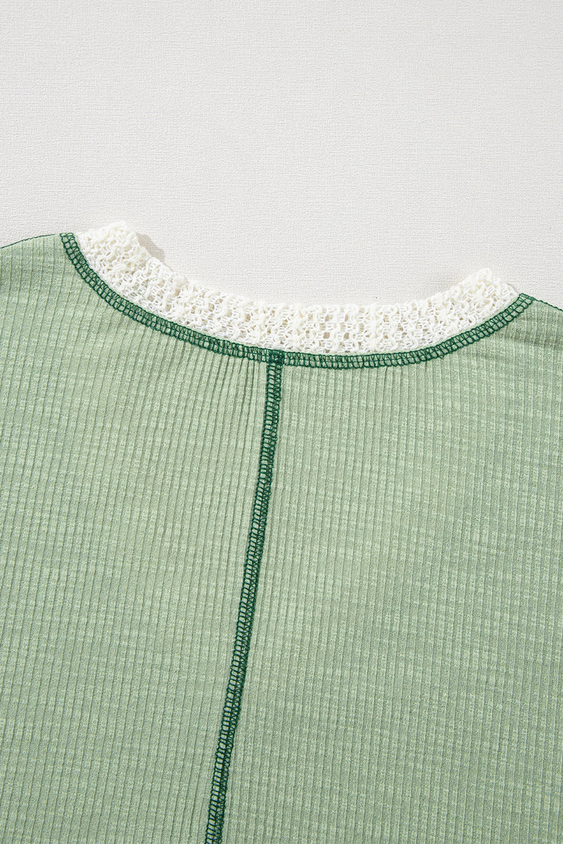 Grass Green Crochet Detail Exposed Seam High Low Loose Top