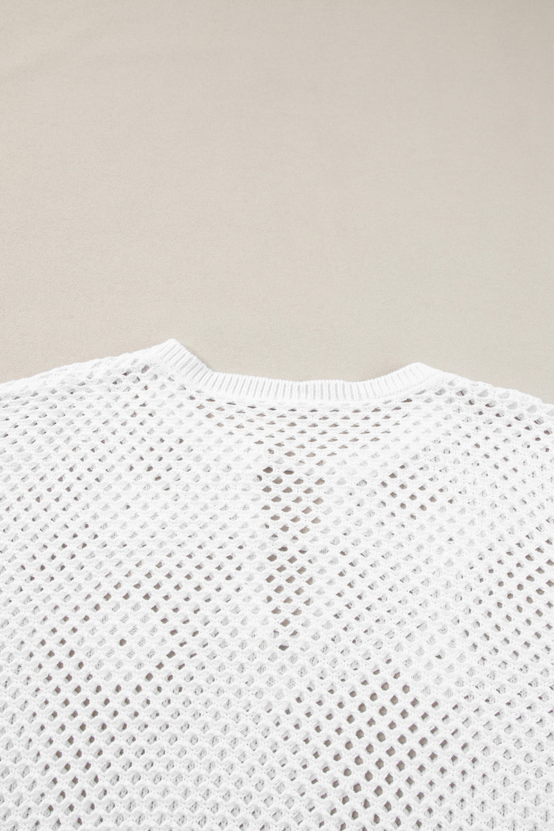 White Open Knit Buttoned Neck Split Sleeve Sweater