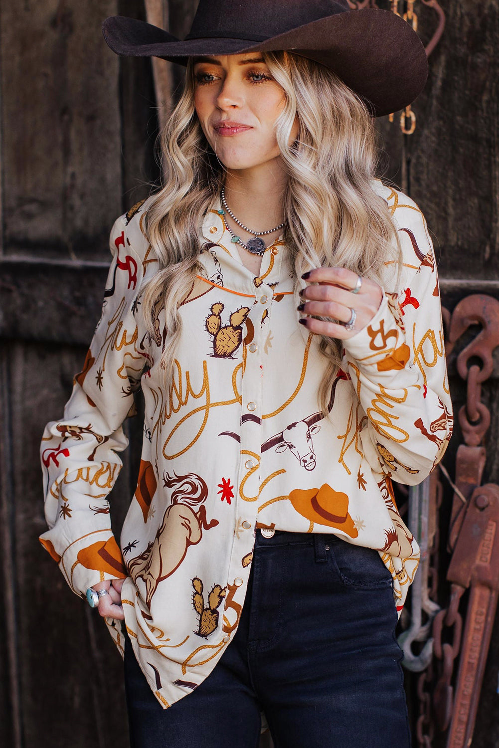 Beige howdy Western Patterns Button up Loose Shirt