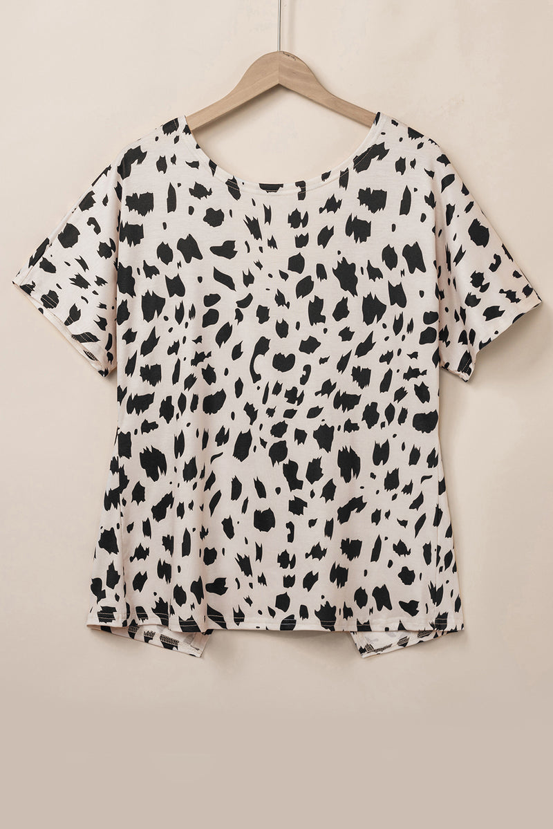Khaki Leopard Batwing Sleeve Twist Cutout Back T-Shirt