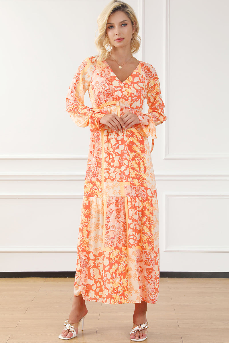 Orange Boho Floral Wrap V Neck Tie Long Sleeve Dress