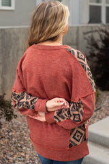 Redwood Burl Aztec Patchwork Drop Shoulder Plus Size High Low Sweatshirt