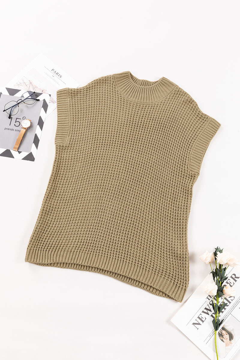 Light French Beige High Neck Short Batwing Sleeve Textured Knit Sweater