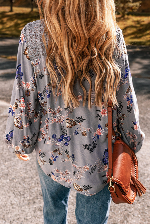 Sky Blue Floral Print Lace Patchwork Knot Front V Neck Blouse