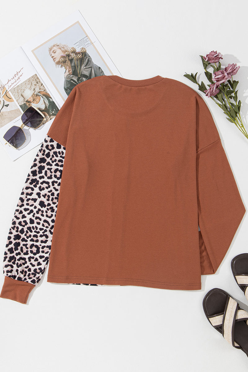 Gold Flame Leopard Print Sequin Colorblock Long Sleeve Top