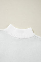 White Contrast Flower Half Zipper Stand Neck Sweater