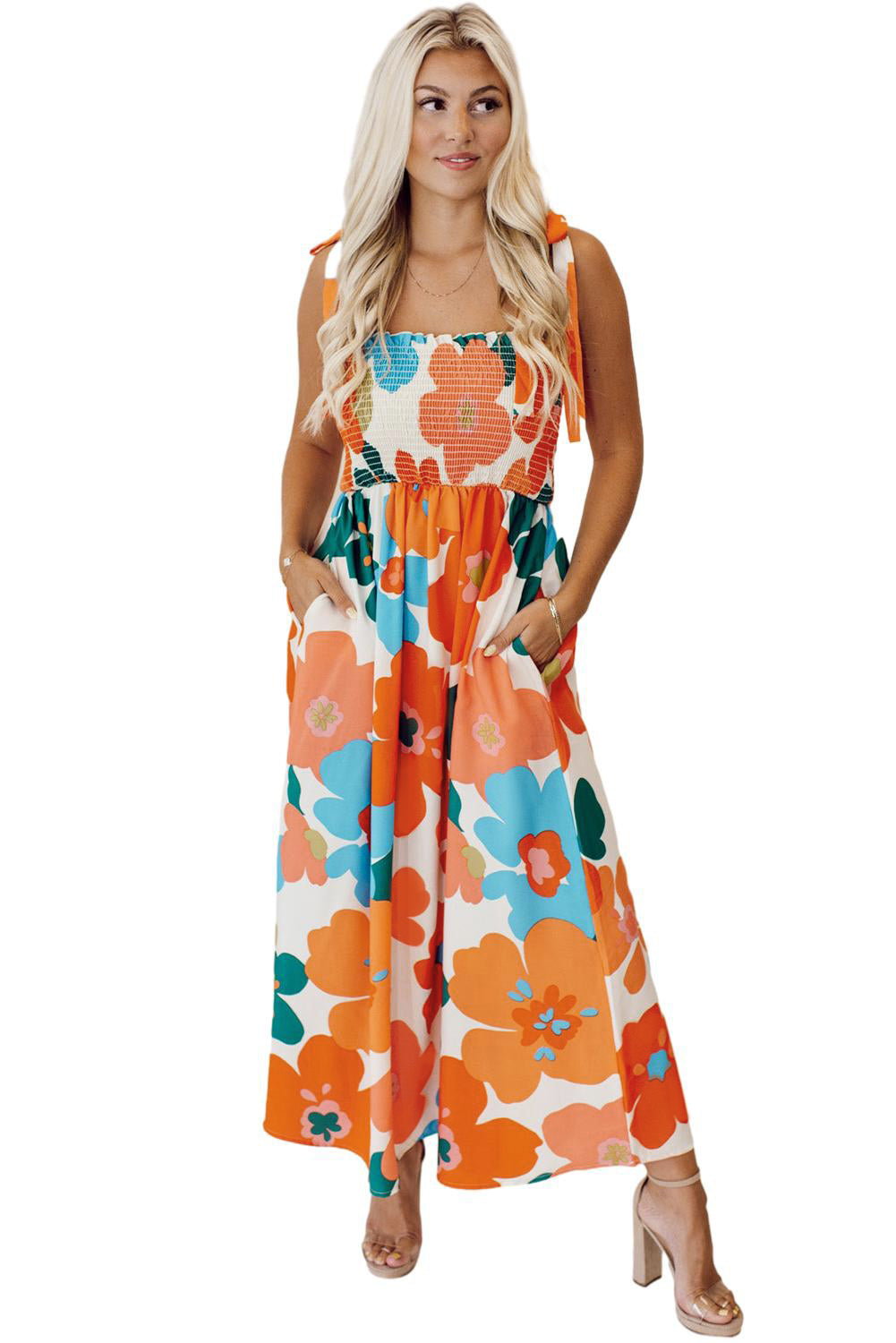 Orange Floral Self Tied Straps Smocked Bust Maxi Dress