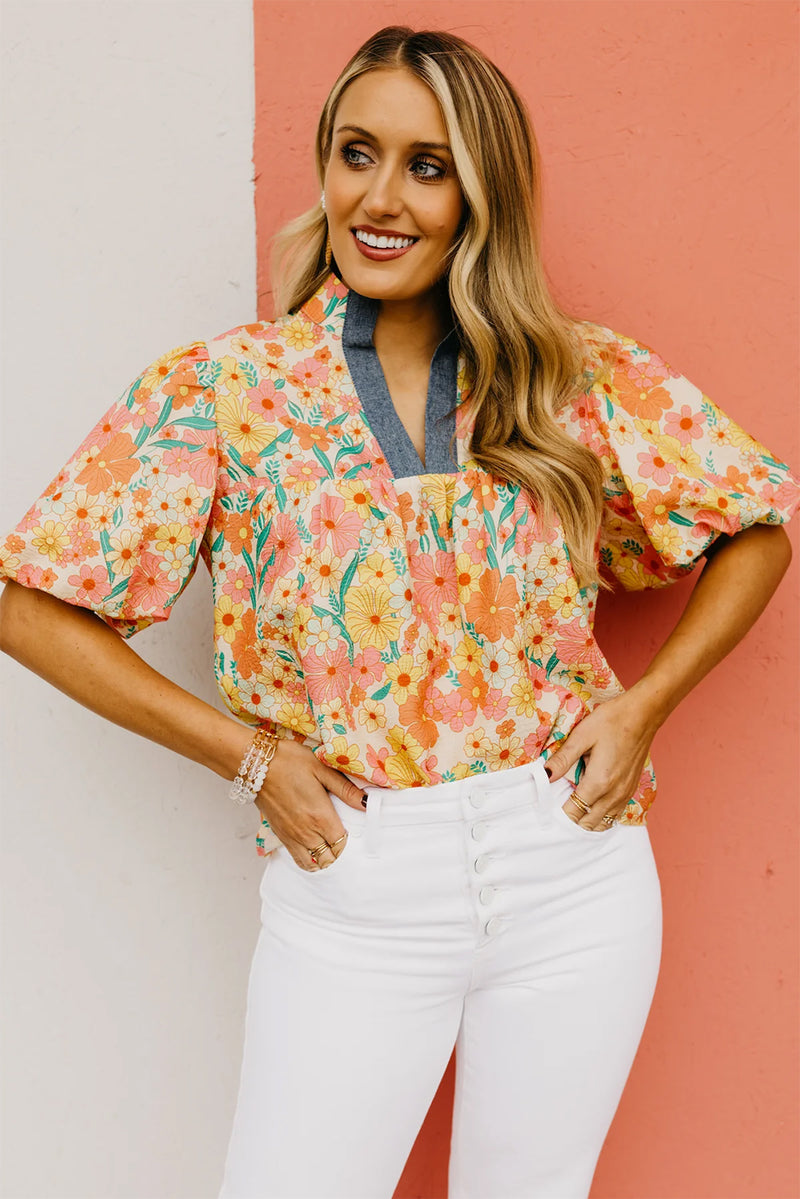 Multicolour Floral Print Bubble Sleeve V Neck Blouse