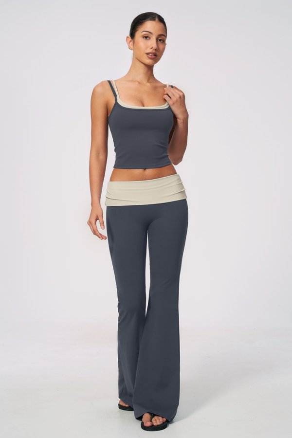 Faux Layered Neckline Top & Flared Leggings Set