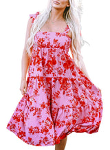 Pink Tie Shoulder Straps Tiered Floral Dress