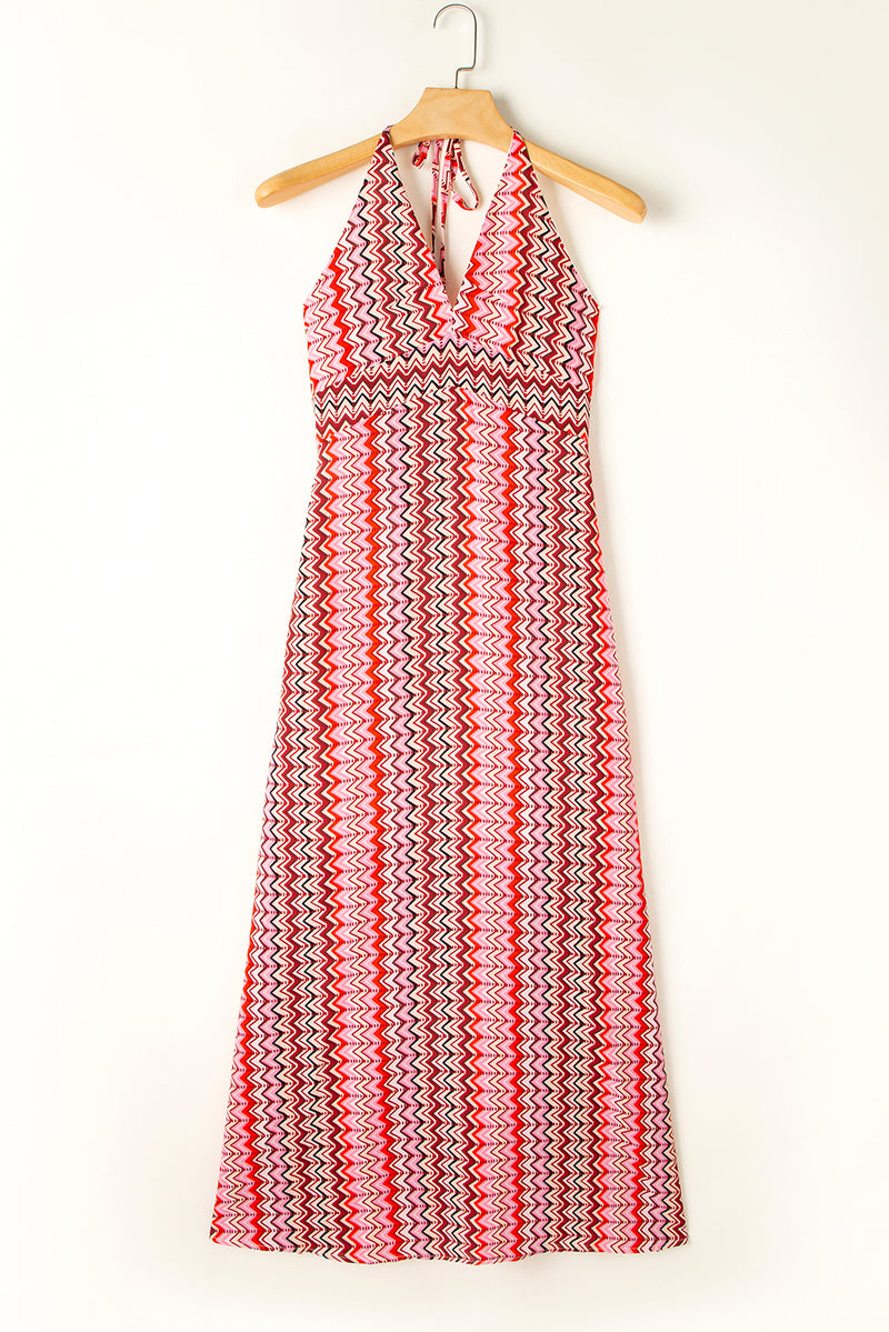 Red Halter Neck Tribal Boho Printed Backless Maxi Dress