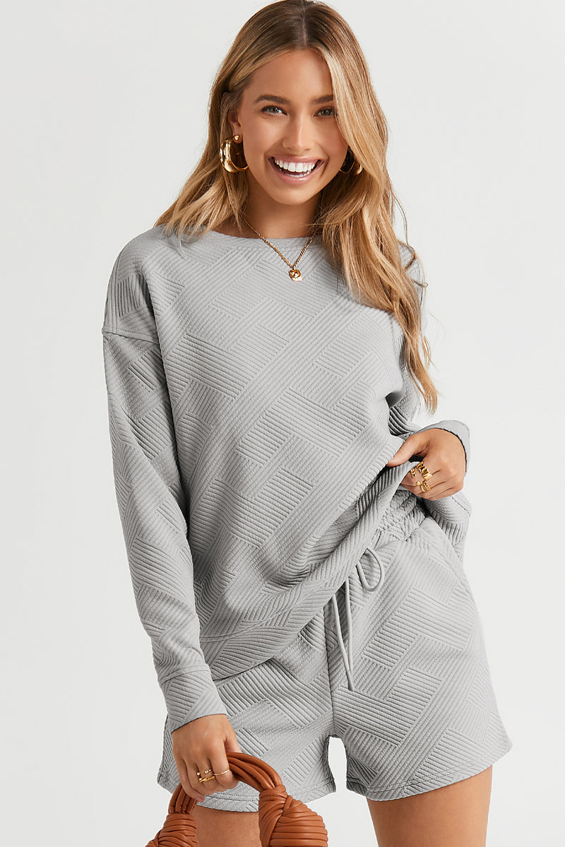 Gray Textured Long Sleeve Top and Drawstring Shorts Set