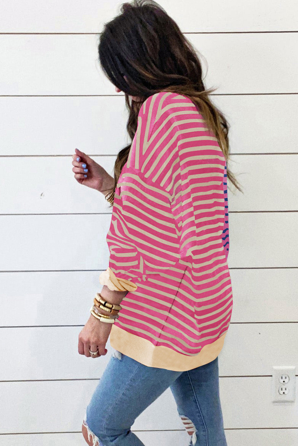 Pink Stripe Casual Stripe Colorblock Drop Shoulder Oversize Sweatshirt