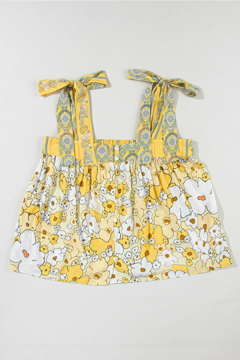 Yellow Floral Patchwork Tied Straps Buttoned Tank Top