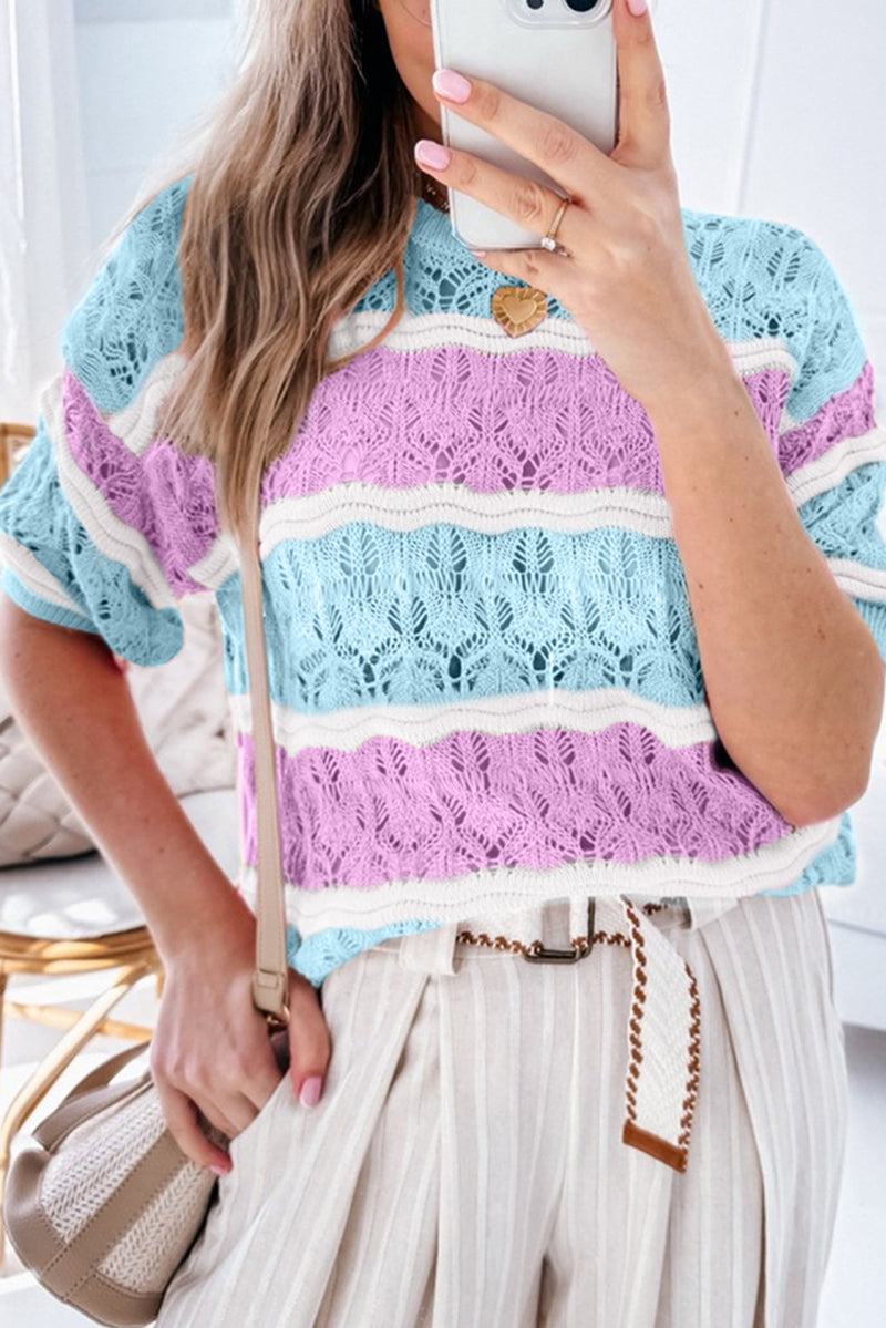 Purple Stripe Color Block Hollow Out Crochet Half Sleeve Sweater