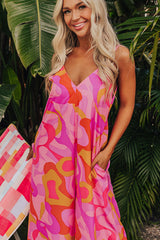 Pink Boho Abstract Print V Neck Wide Leg Jumpsuit