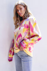 Khaki Abstract Print Colorblock Balloon Sleeve Sweater