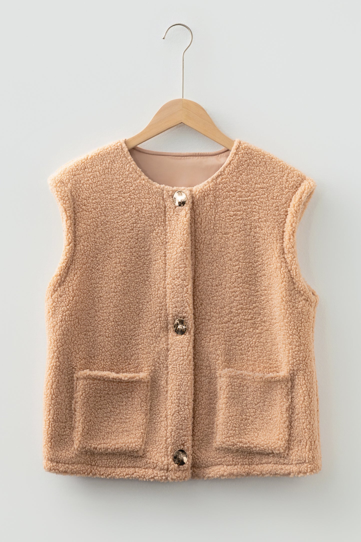 Light French Beige Big Button Accent Fuzzy Pocket Vest