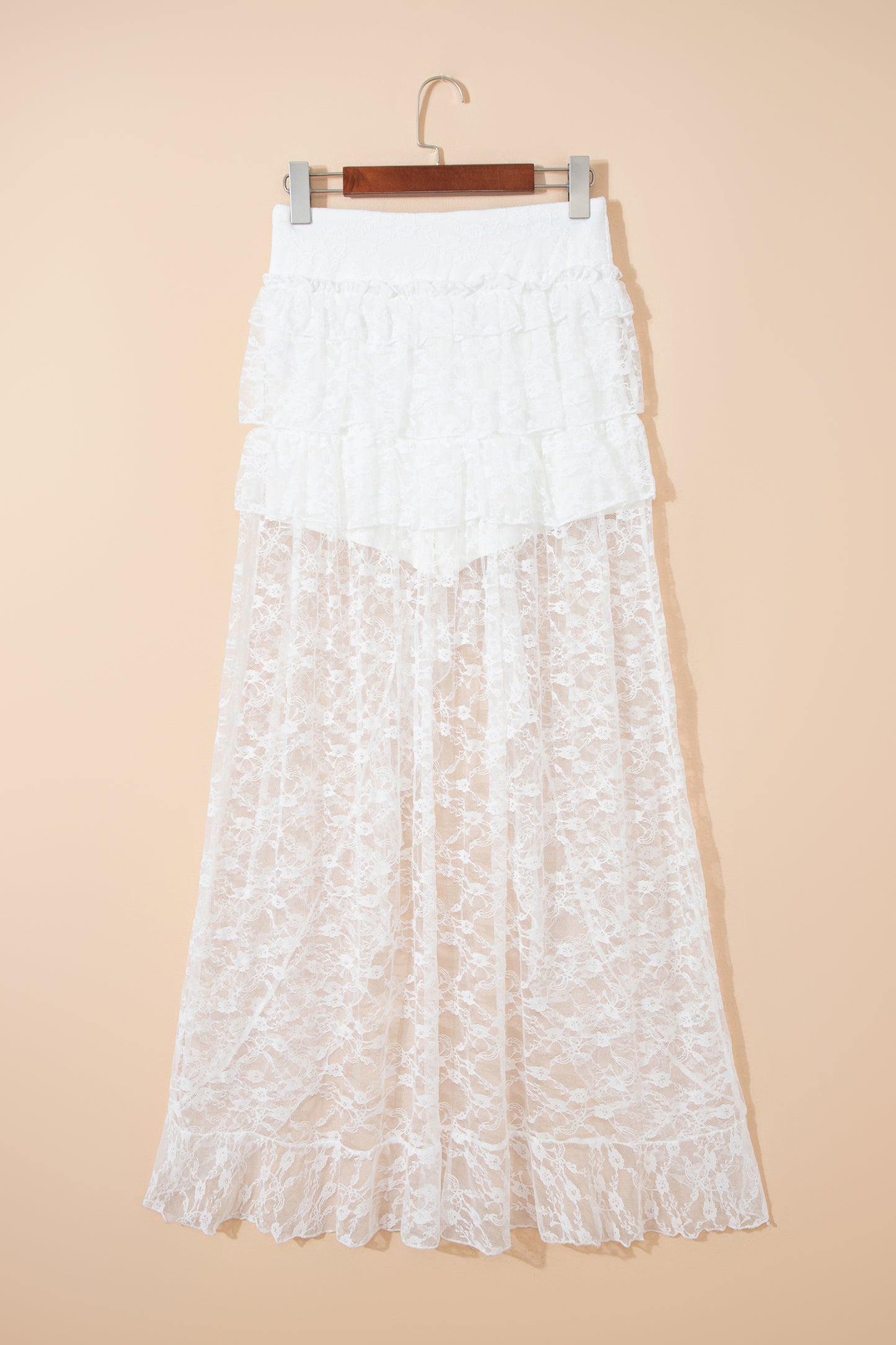 White Sheer Lace Frilly Ruffles High Low Long Skirt
